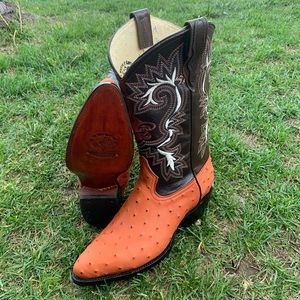 Men’s Western Cowboy boots ostrich print cowhide leather J Toe Bota Avestruz